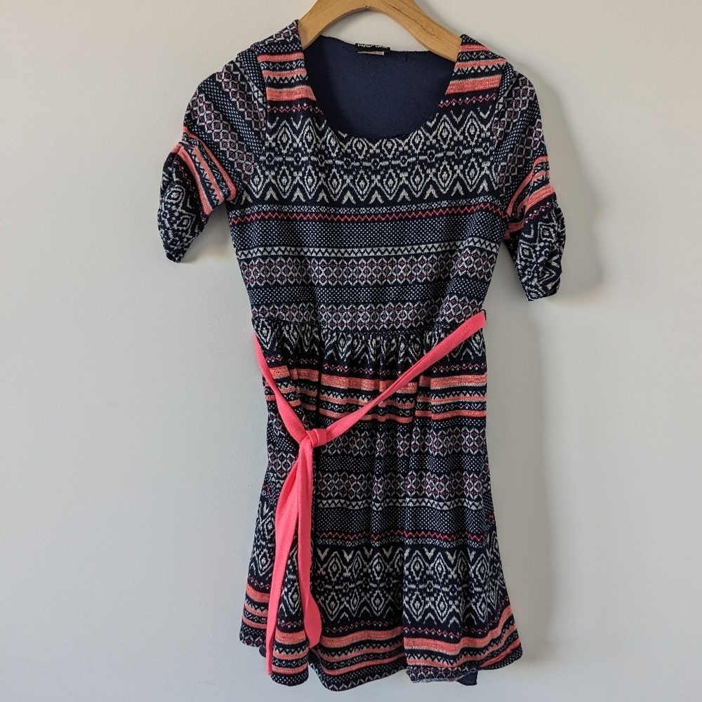 Paper Doll Girl's Navy and Pink Jacquard Dress lined with Belt, Size 12 Summer